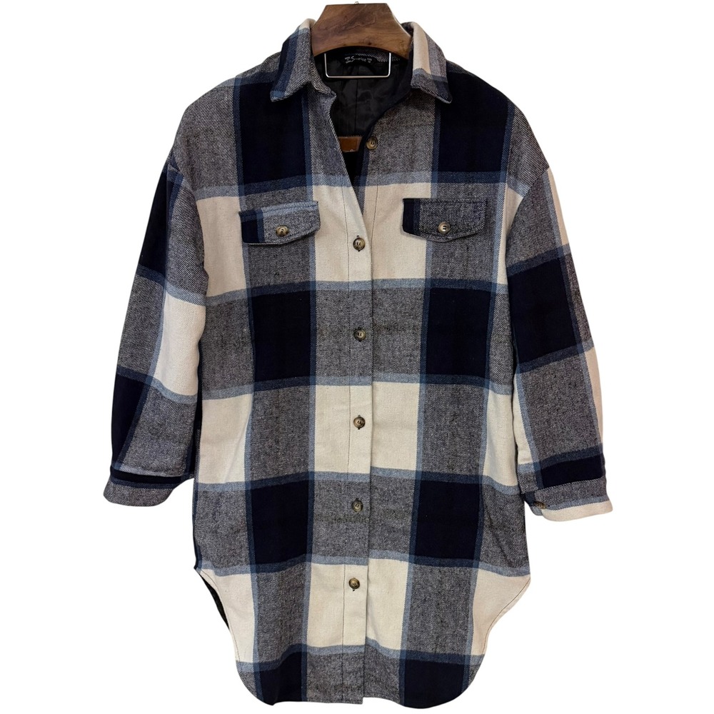 Simplee Womens Blue Plaid Button Front Long Shacket Shirt Jacket Oversized M